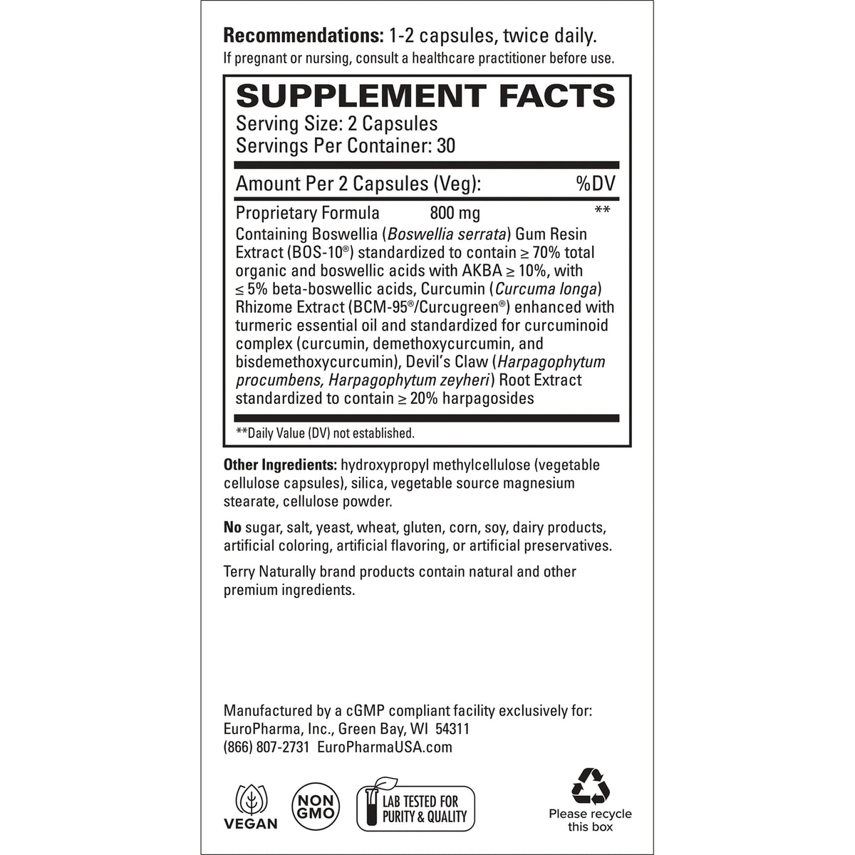 EUR005 | Supplement facts panel: serving size 2 capsules, proprietary formula and other ingredients, manufacturer and recycling symbols