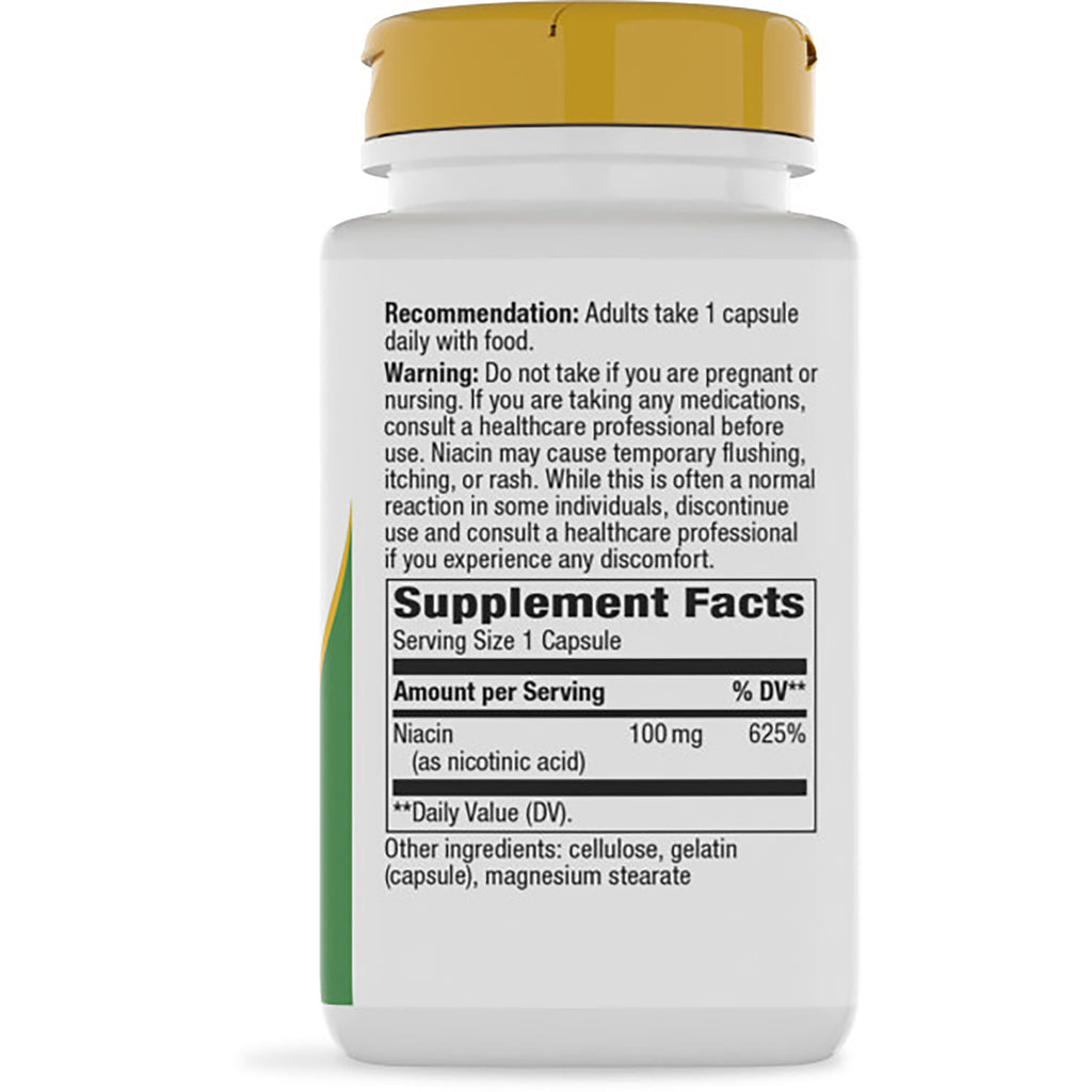 NW940 | Back of white supplement bottle showing Supplement Facts panel, serving size 1 capsule and Niacin 100 mg - Thumbnail
