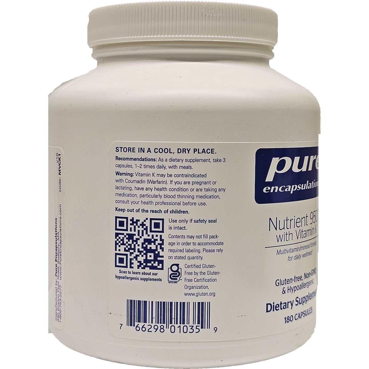 Back label of white supplement jar showing STORE IN A COOL, DRY PLACE text, QR code, barcode, and storage warnings