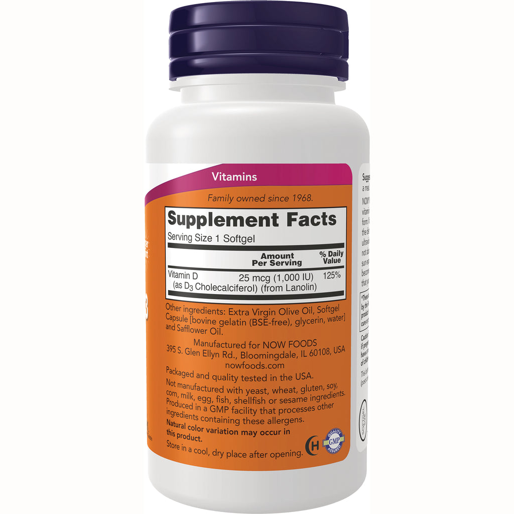 NWF514 | Back label of white supplement bottle showing Supplement Facts, Vitamin D 25 mcg and ingredients list - Thumbnail