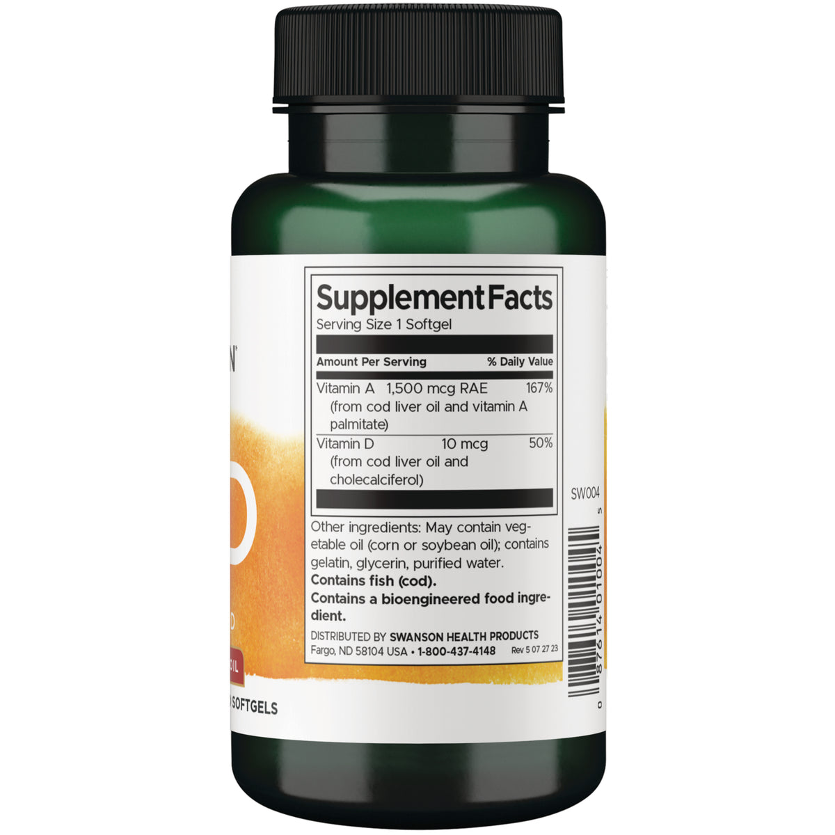 SW004 | Back of Swanson A&D bottle with Supplement Facts and serving size
