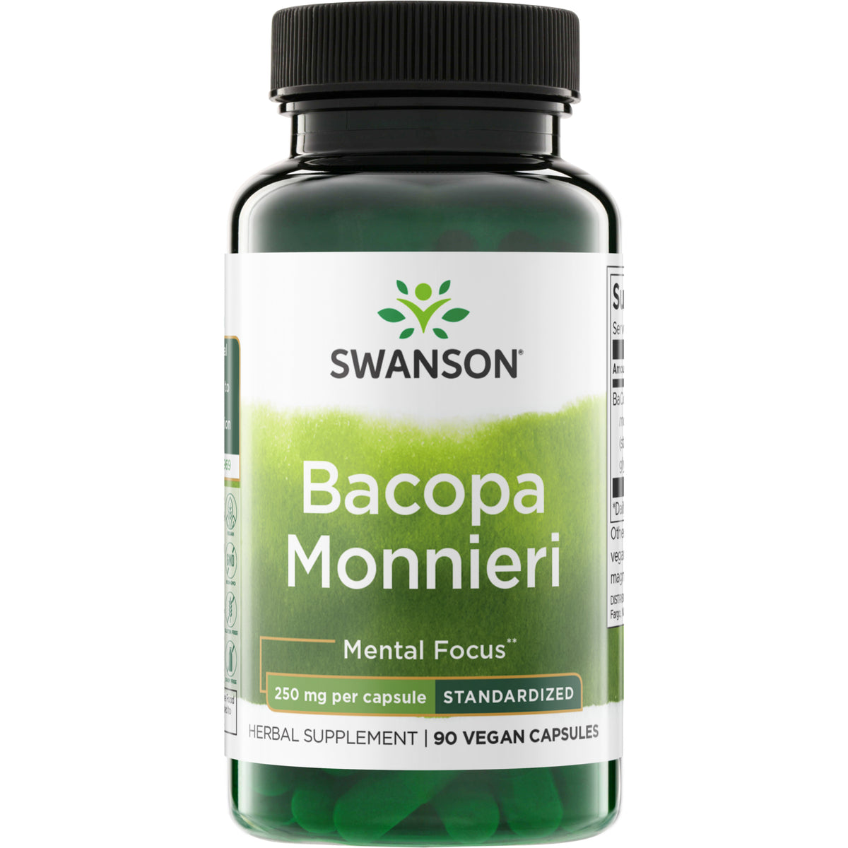SWH145 | Swanson Bacopa Monnieri supplement bottle, 250 mg per capsule, standardized, 90 capsules, Mental Focus