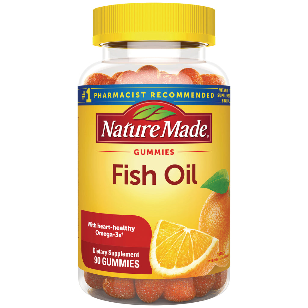 NTM035 | Nature Made Fish Oil gummy supplement bottle, 90 orange-flavored gummies, yellow label - Thumbnail