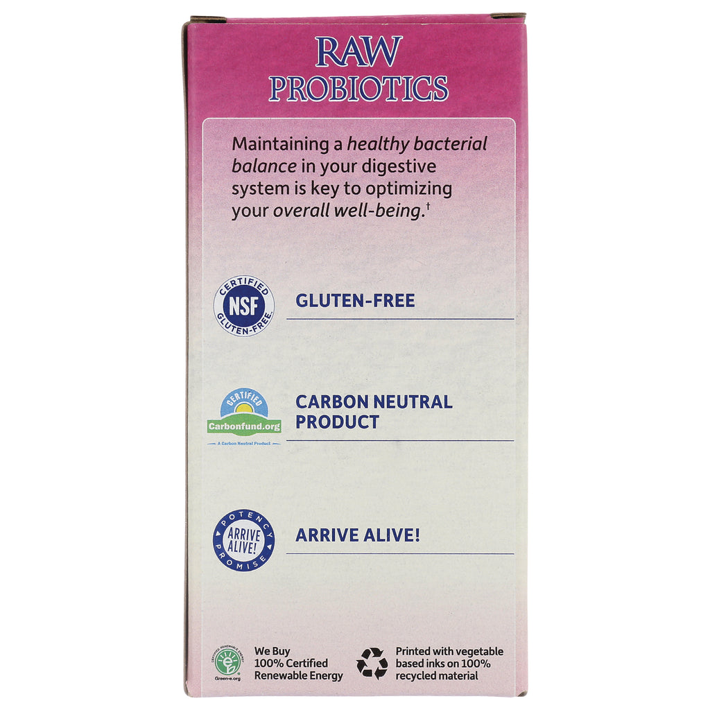 GLF154 | side panel product infographic for RAW PROBIOTICS showing gluten-free, carbon neutral, and Arrive Alive badges - Thumbnail
