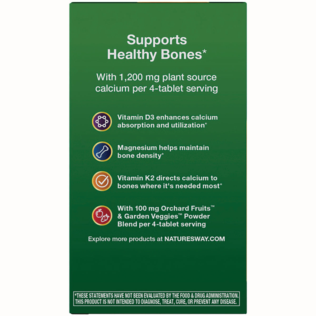 NW816 | back panel listing Supports Healthy Bones, 1,200 mg plant calcium per 4-tablet serving and nutrient highlights