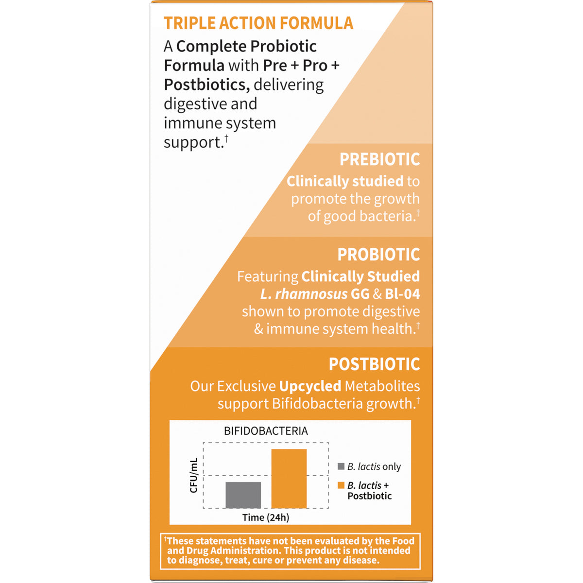 GLF373 | Back panel showing Triple Action Formula with prebiotic, probiotic, postbiotic sections and a bifidobacteria bar chart