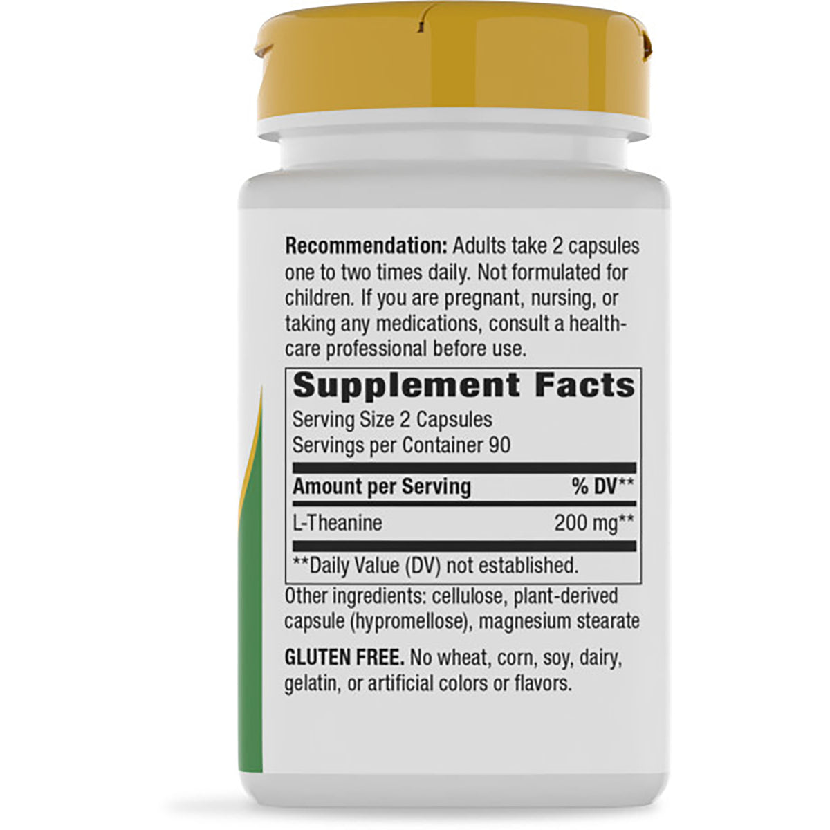 ET391 | Back label showing Supplement Facts and directions, L-Theanine 200 mg, serving size 2 capsules