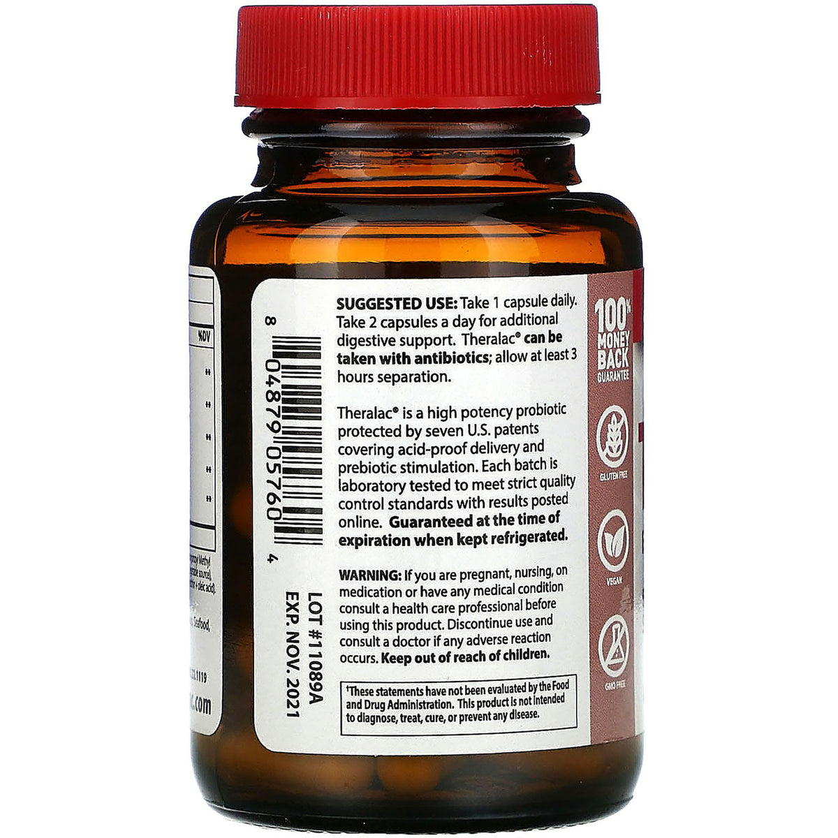 MSP001 | Back of amber supplement bottle showing suggested use, warnings, barcode and certification icons