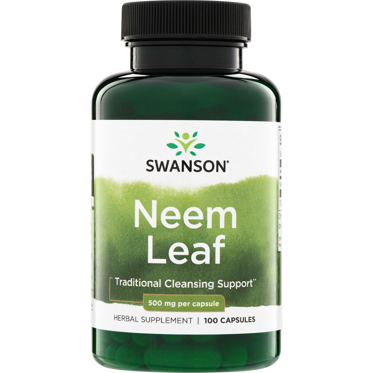 SW1035 | Swanson Neem Leaf 500 mg herbal supplement, 100 capsules bottle, front label, Traditional Cleansing Support