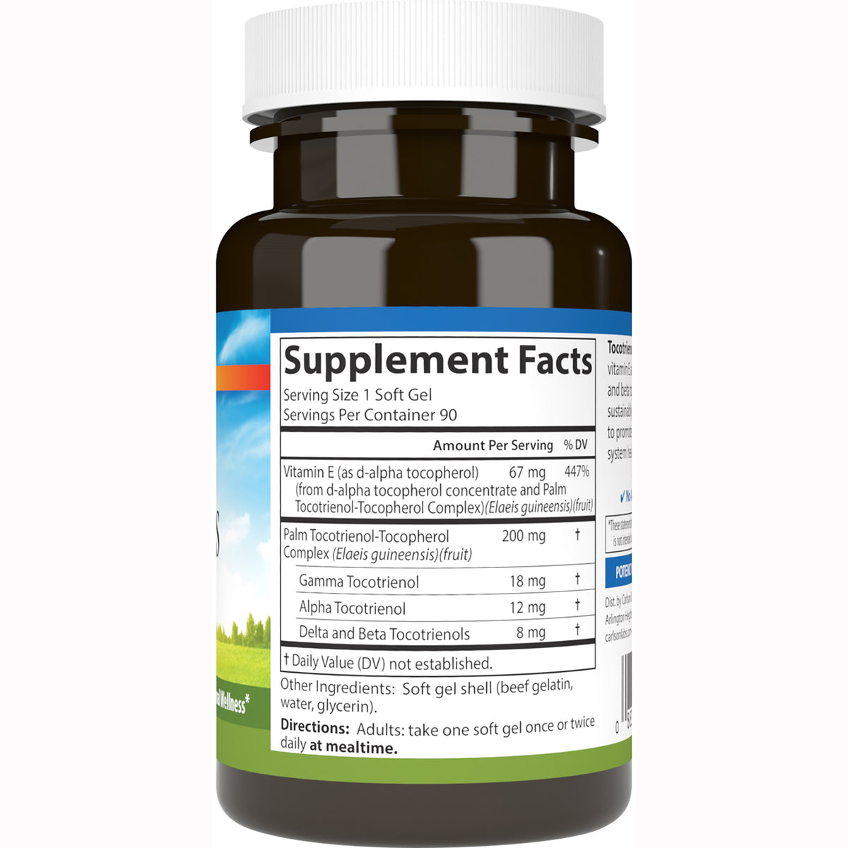 CSN269 | Back of brown supplement bottle showing Supplement Facts panel with serving size, vitamin E amounts and directions