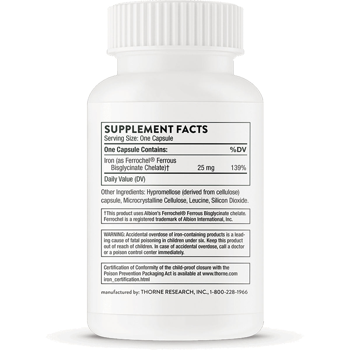 TRN013 | Back label with Supplement Facts; iron 25 mg (139% DV), ingredients, warnings, and certification info