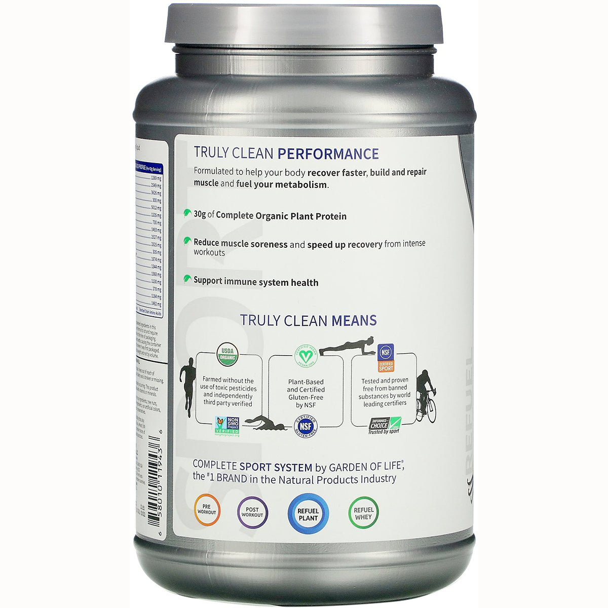 GLF241 | Back label of protein powder tub showing Truly Clean Performance claims, benefits, and certification icons