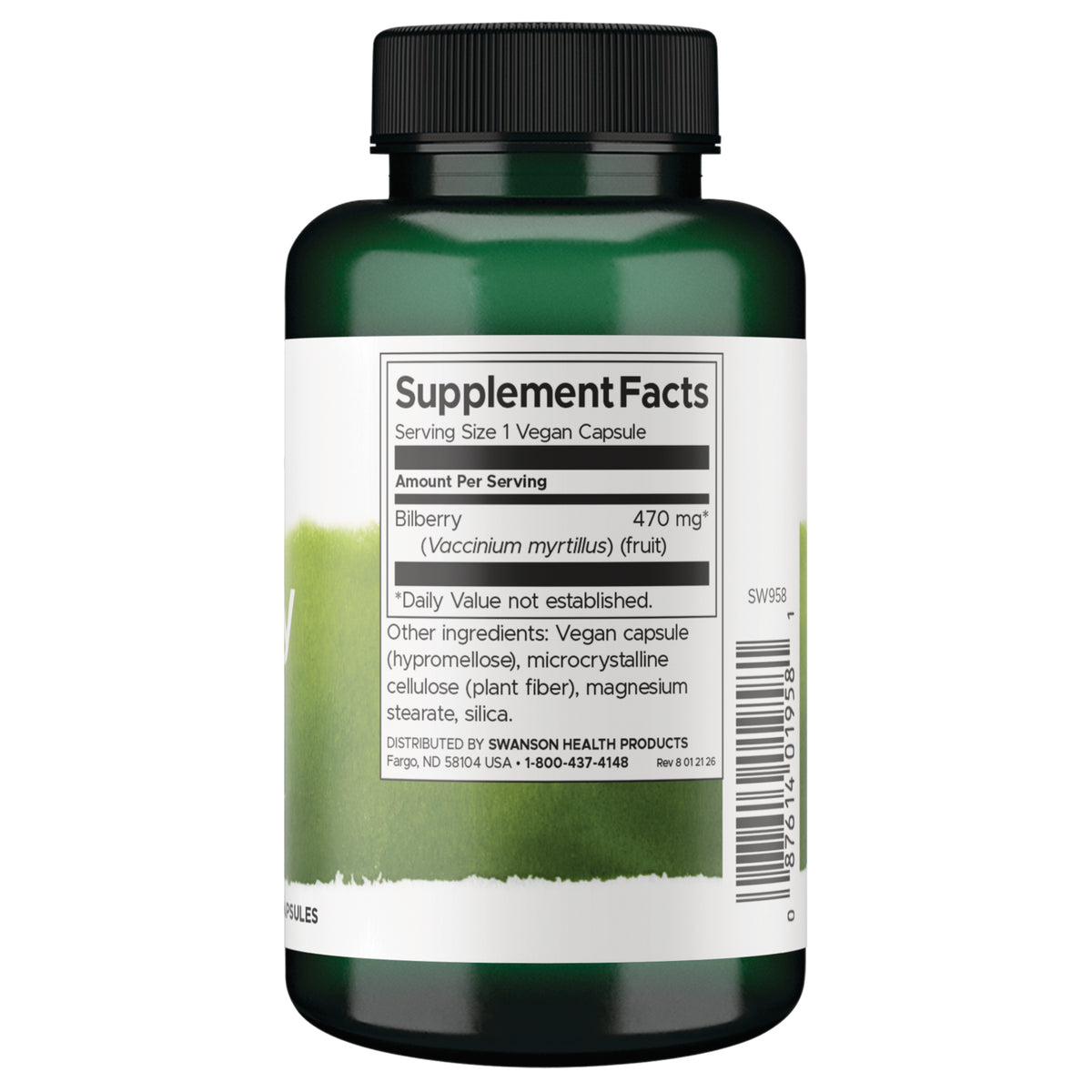 SW958 | Back label with Supplement Facts: Serving Size 1 Vegan Capsule; Bilberry 470 mg