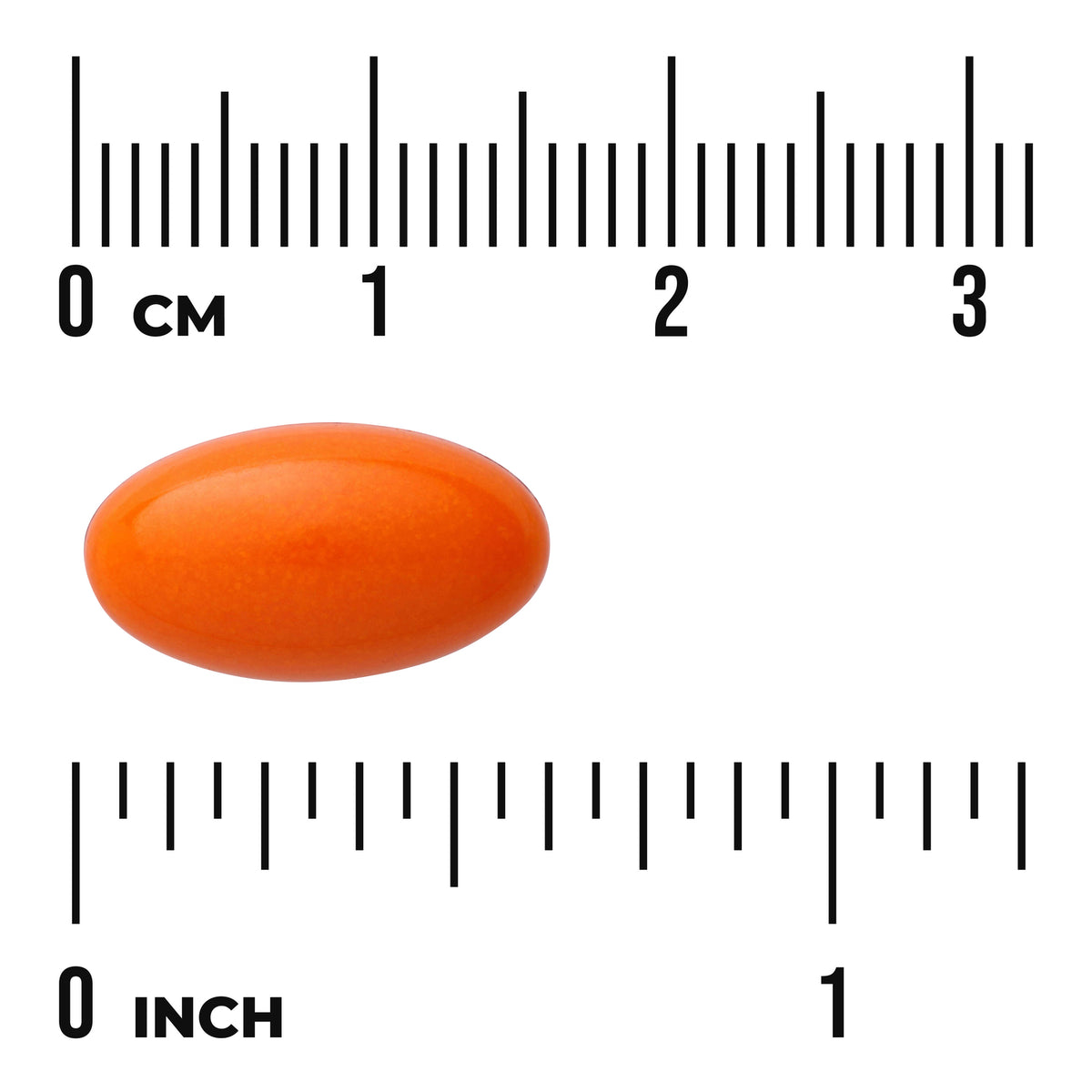 SWU349 | Orange oval softgel with size scale in inches and centimeters
