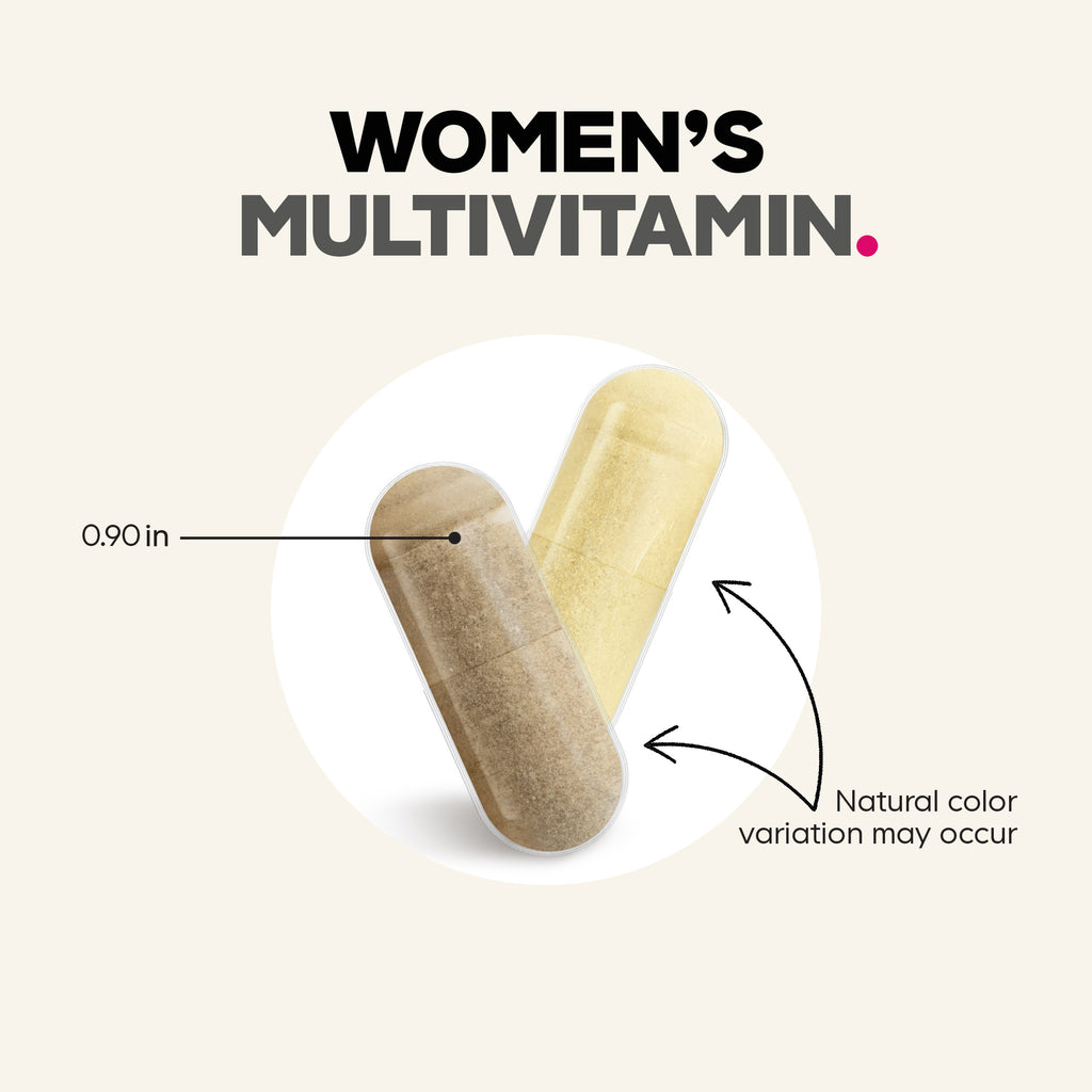 CDG016 | Women’s multivitamin capsule infographic showing 0.90 in size and natural color variation - Thumbnail