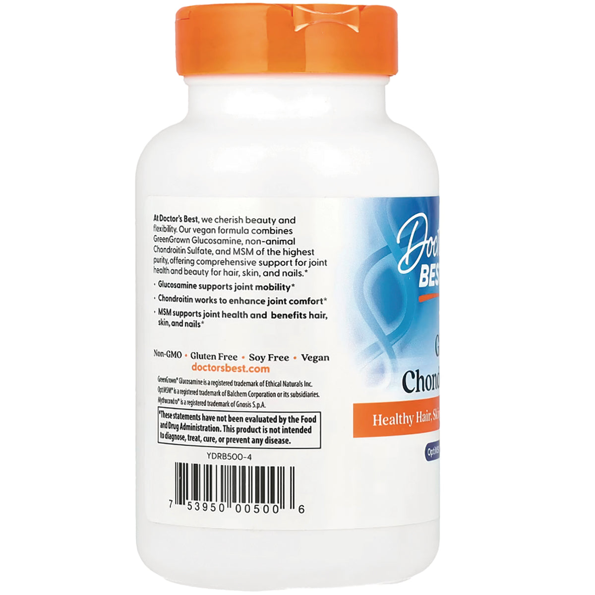 DB293 | back label of white supplement bottle showing ingredients, claims, and barcode with orange cap