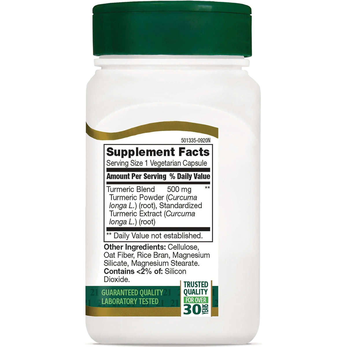 CNT268 | back of white supplement bottle showing Supplement Facts panel listing Turmeric Blend 500 mg and other ingredients
