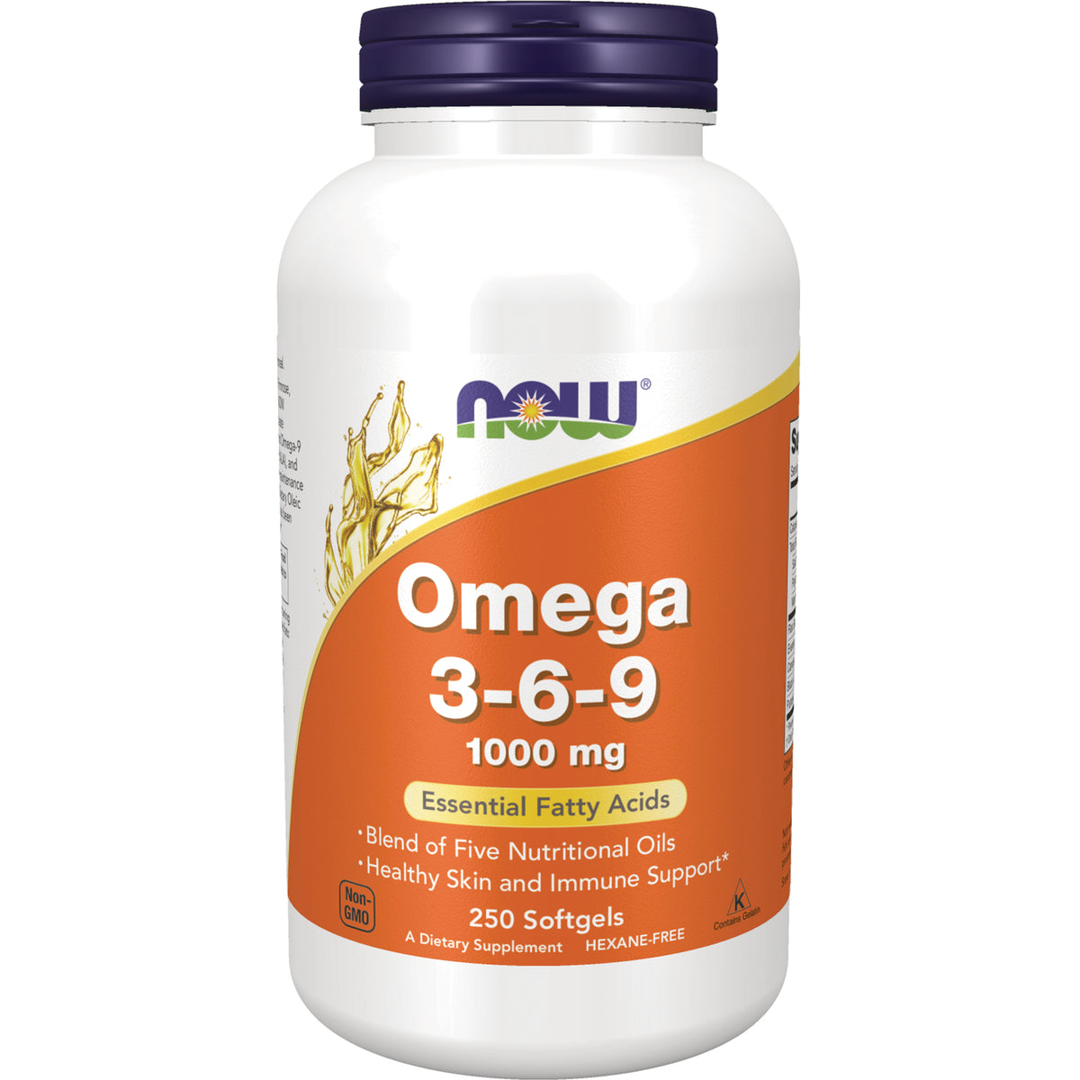NWF073 | NOW Omega 3-6-9 1000 mg supplement bottle front label, 250 softgels