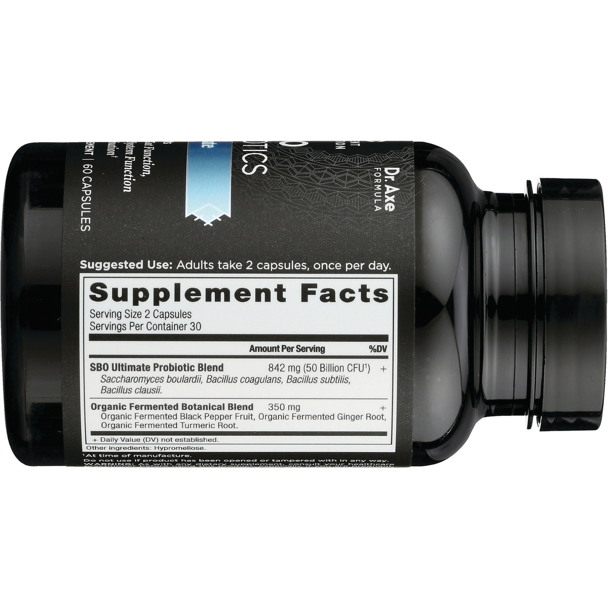 ATN052 | Back of black supplement bottle showing Supplement Facts panel and suggested use text