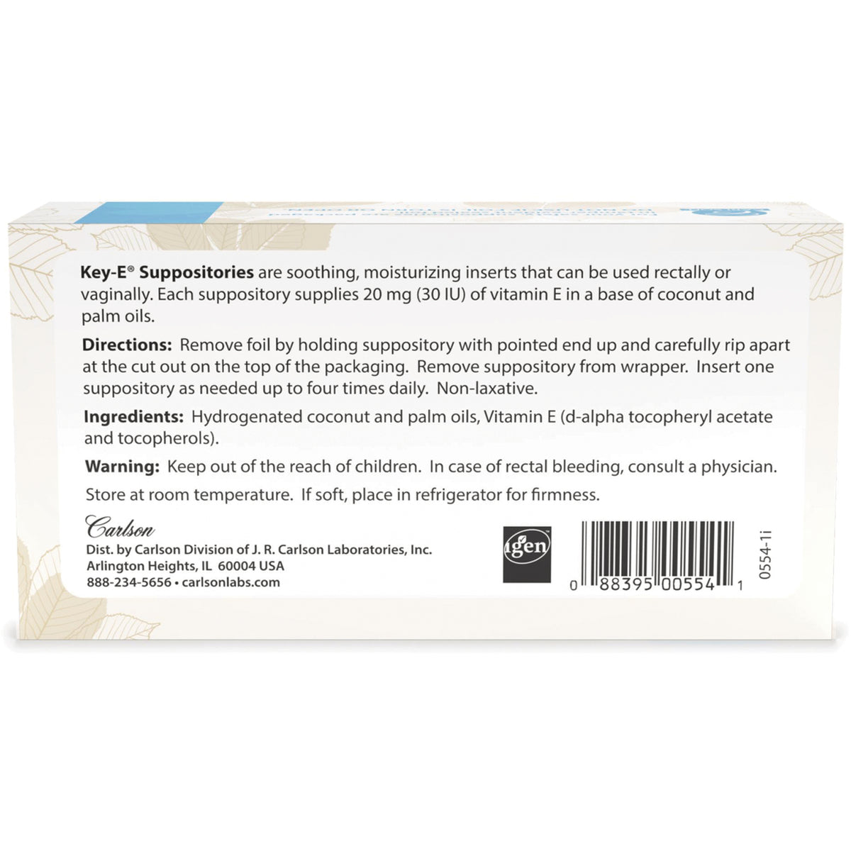 CSN003 | Back of box showing directions, ingredients, warnings and barcode for Key-E suppositories
