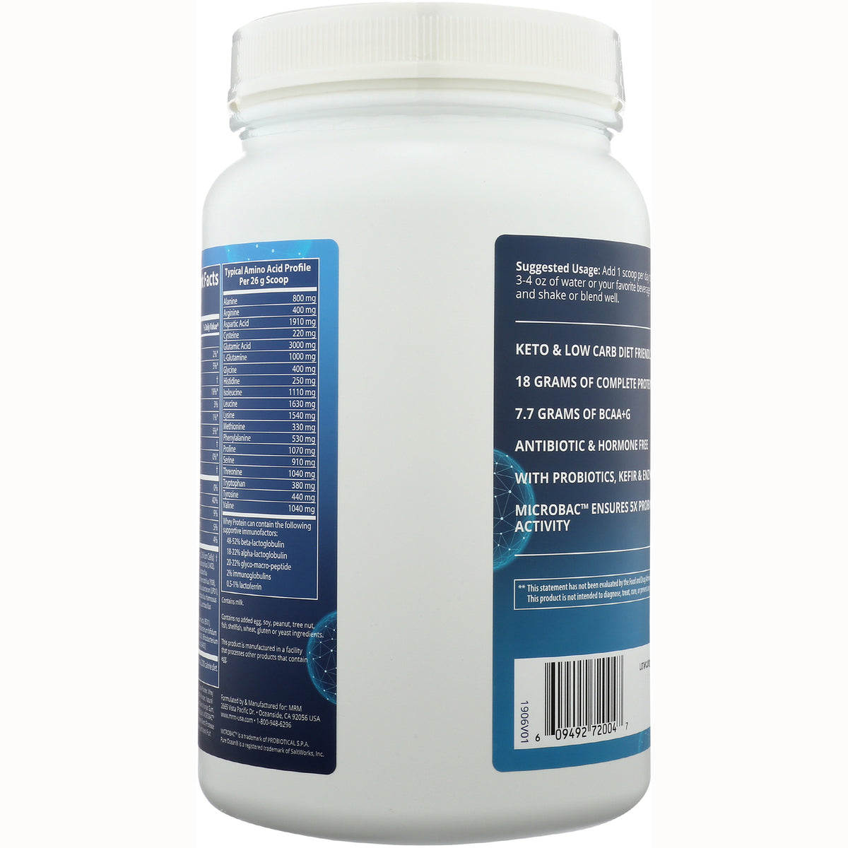 MRM005 | Back of white supplement tub showing nutrition facts panel, suggested usage text and barcode