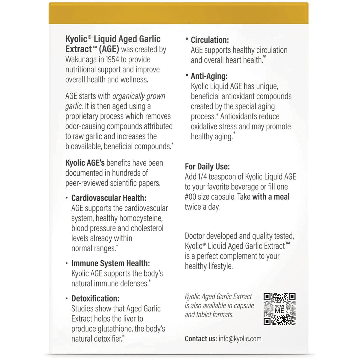 KY005 | Back panel of Kyolic Liquid Aged Garlic Extract box showing benefits, daily use directions, and a QR code
