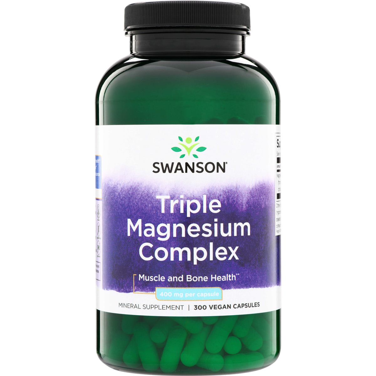 SW1079 | Swanson Triple Magnesium Complex bottle, 400 mg per capsule, 300 vegan capsules, Muscle and Bone Health