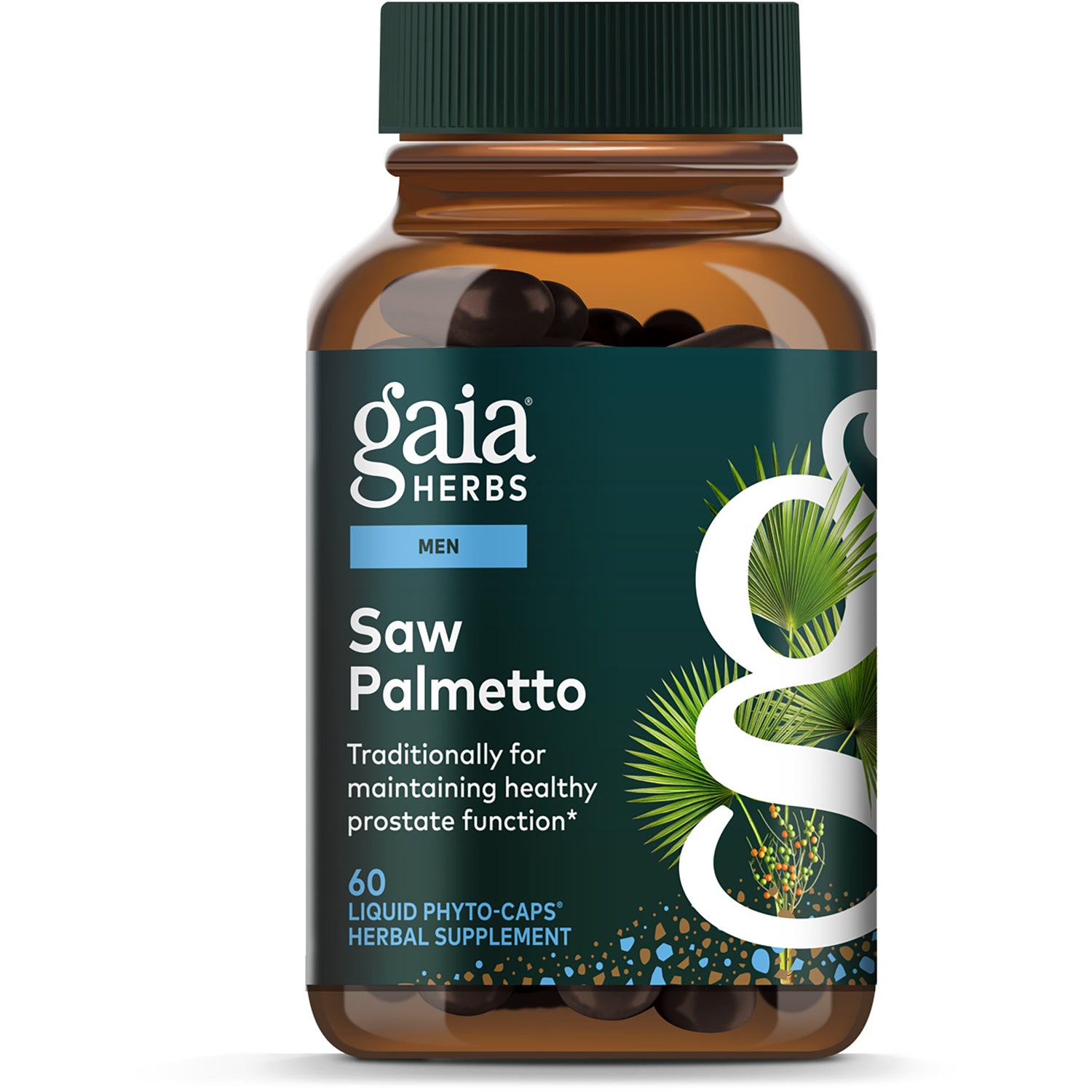 GH020 | Gaia Herbs Saw Palmetto bottle front label, 60 vegan liquid phyto-caps single herb extract