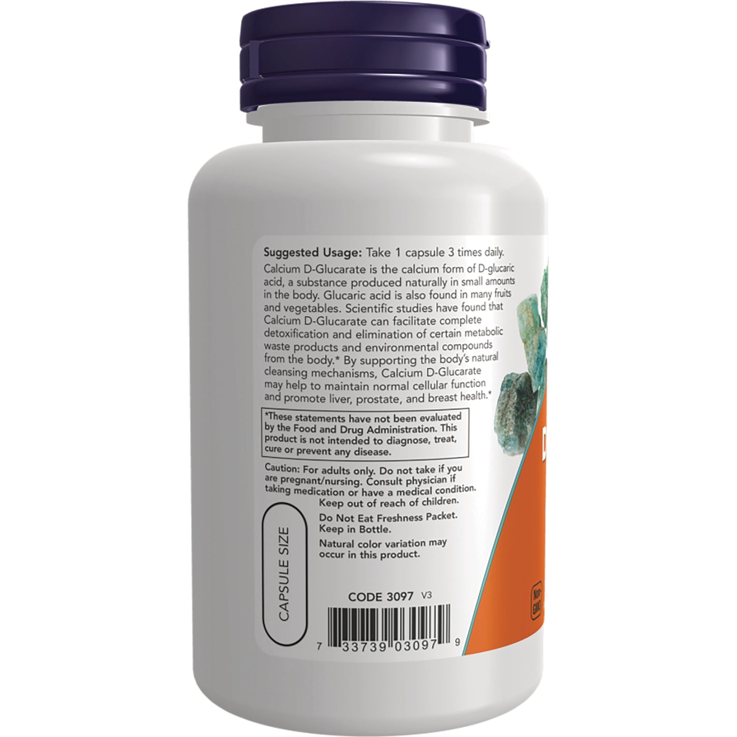 NWF1377 | back label of white supplement bottle showing suggested usage, caution text, and barcode