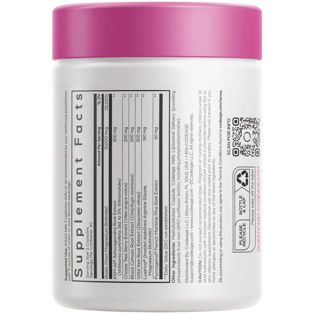 CDG060 | back of white supplement jar with pink lid showing Supplement Facts table, ingredients and QR code - Thumbnail