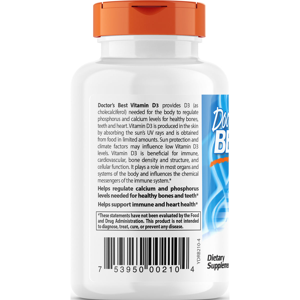 White supplement bottle back label showing Vitamin D3 information, barcode and orange cap