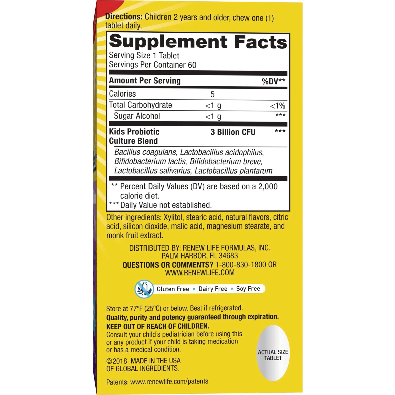 RNL205 | back panel showing Supplement Facts, kids probiotic 3 Billion CFU, ingredients and storage instructions