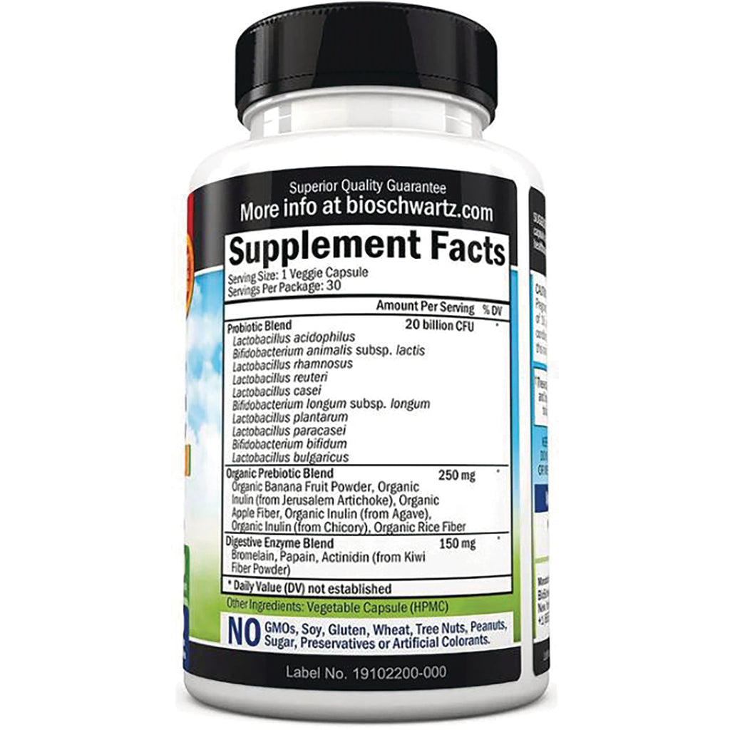 BSZ019 | Supplement Facts and ingredient panel on back of white supplement bottle showing probiotic and prebiotic blends - Thumbnail