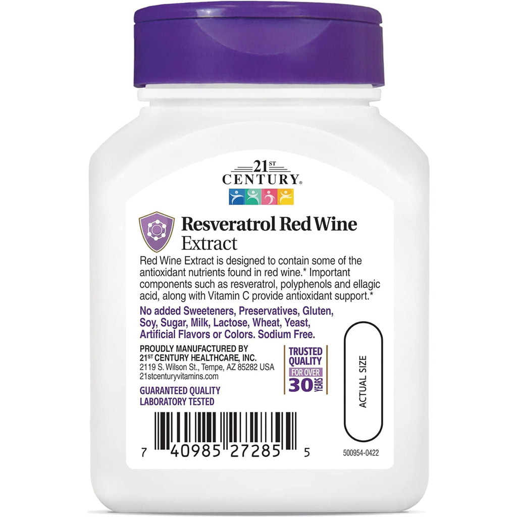 CNT211 | back label of white bottle reading Resveratrol Red Wine Extract with product details, barcode and actual size oval - Thumbnail
