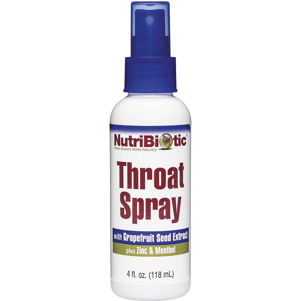 NUB012 | NutriBiotic Throat Spray bottle with blue spray top, labeled with Grapefruit Seed Extract plus Zinc & Menthol, 4 fl oz - Thumbnail