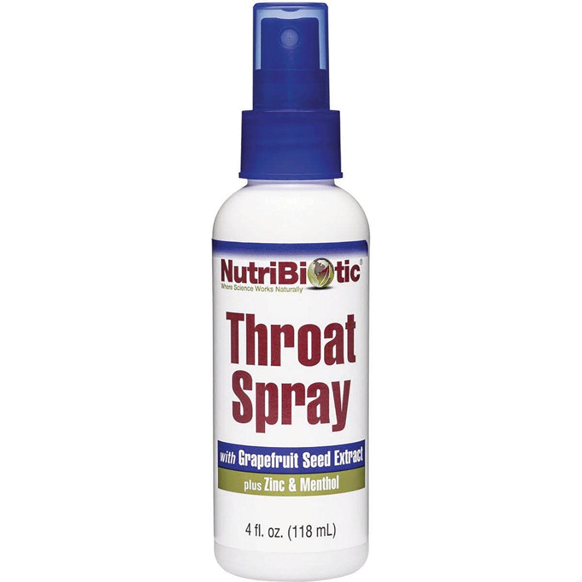NUB012 | NutriBiotic Throat Spray bottle with blue spray top, labeled with Grapefruit Seed Extract plus Zinc & Menthol, 4 fl oz