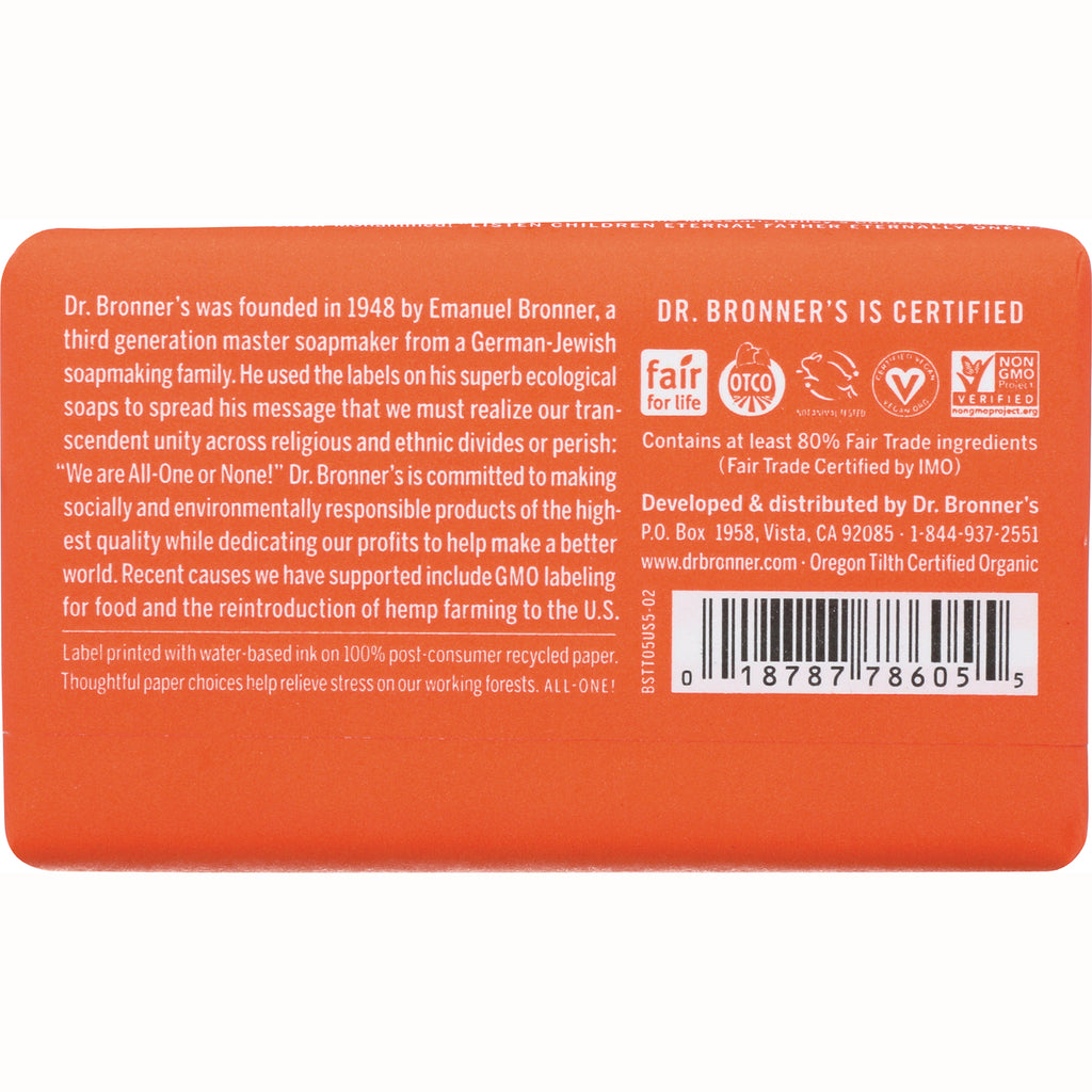DRB005 | back of orange Dr. Bronner's soap wrapper showing product story text, certification icons and barcode - Thumbnail