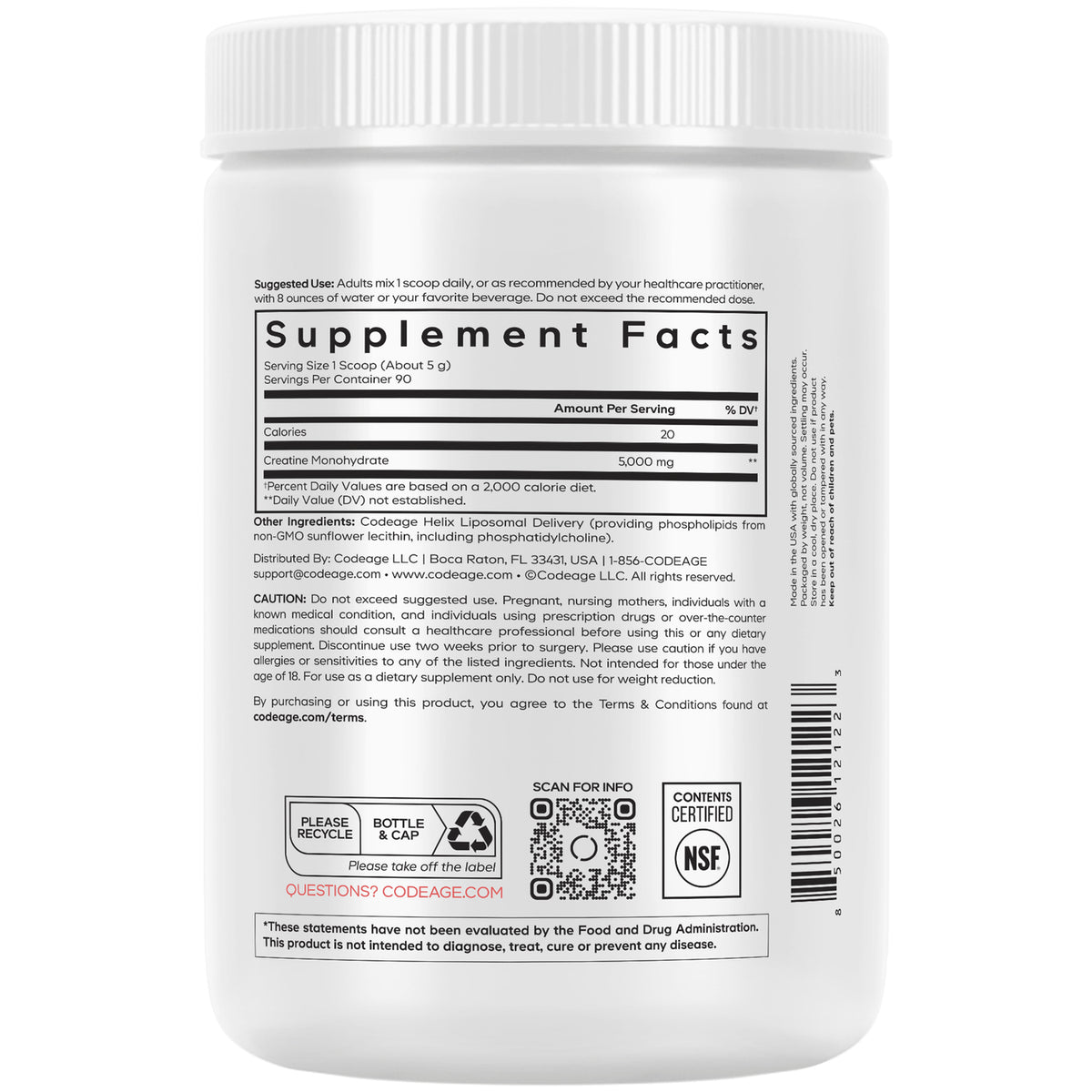 CDG004 | Back label showing Supplement Facts panel, ingredients, barcode and QR code on white jar