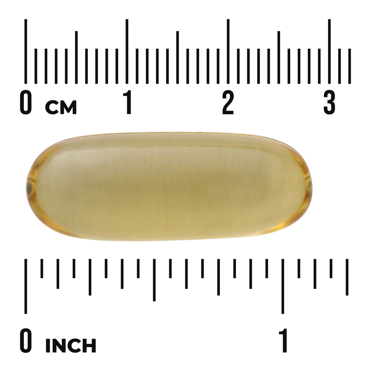 SWE010 | Yellow softgel capsule shown to scale with rulers in cm and inches