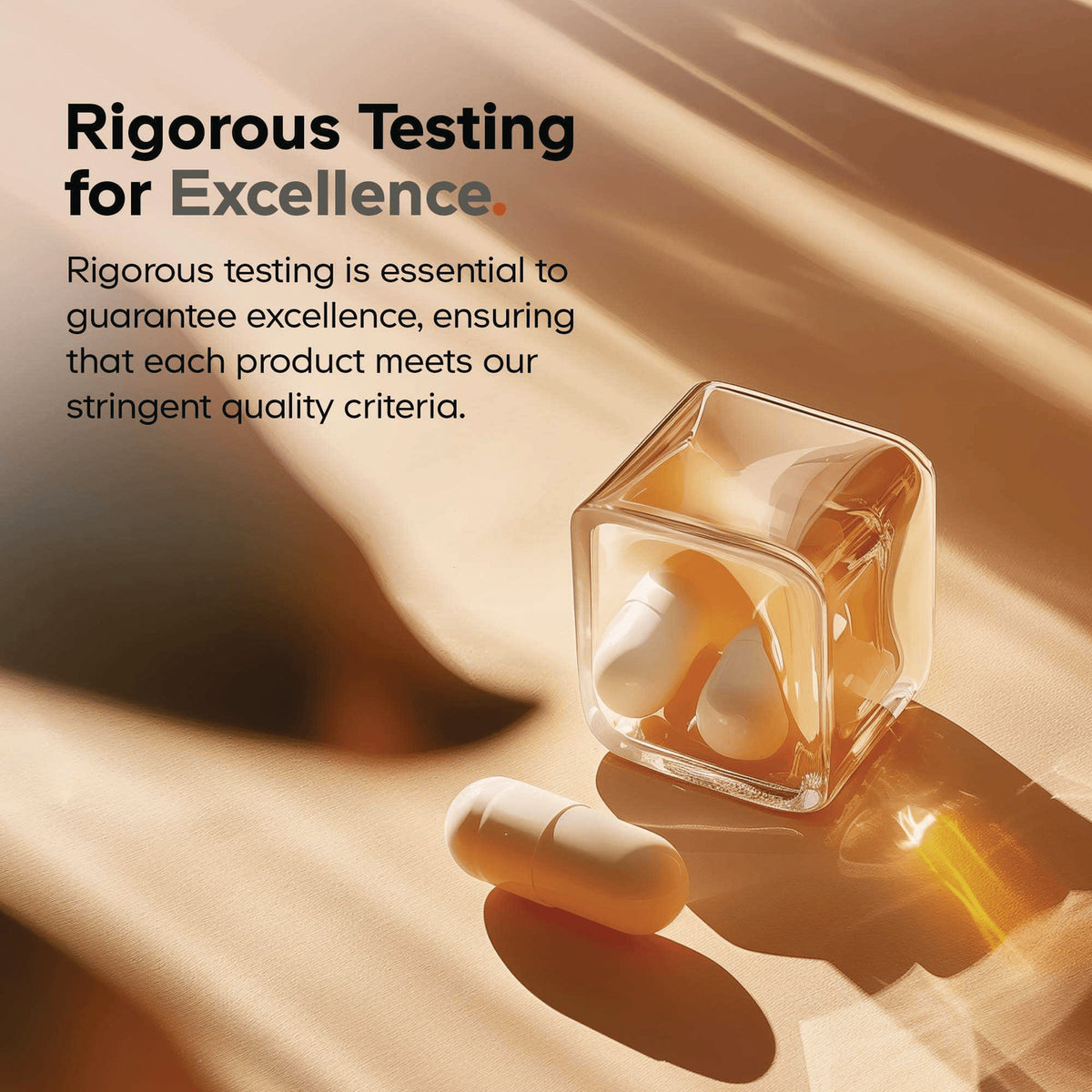 CDG063 | Product infographic showing white capsules in a clear glass cube and one capsule on golden fabric, labeled Rigorous Testing for Excellence