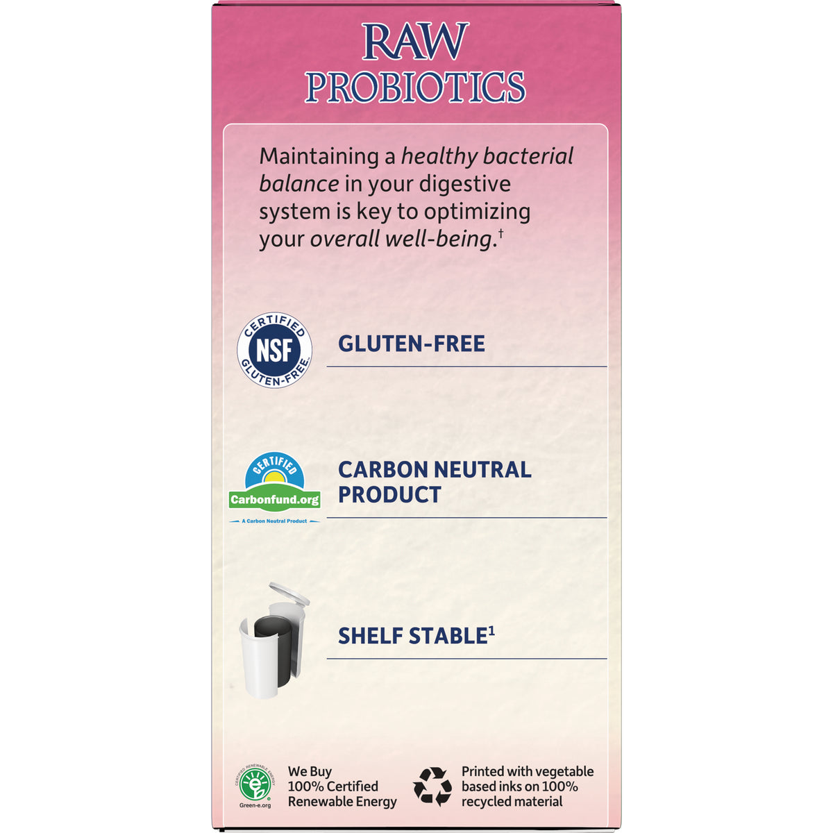 GLF365 | Back of RAW PROBIOTICS box showing gluten-free and carbon neutral certifications and shelf stable note