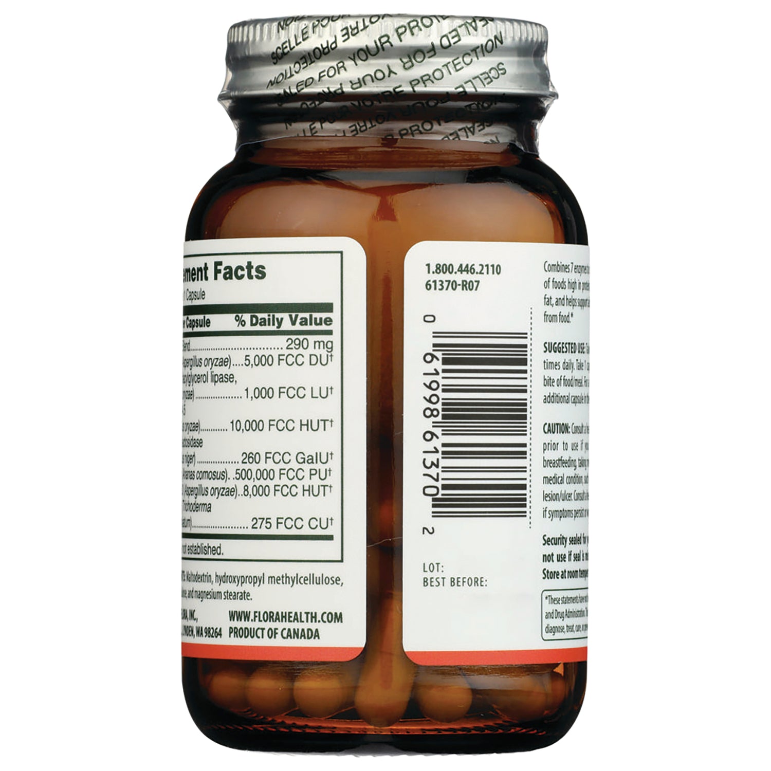 FL111 | amber supplement bottle back showing supplement facts panel and barcode
