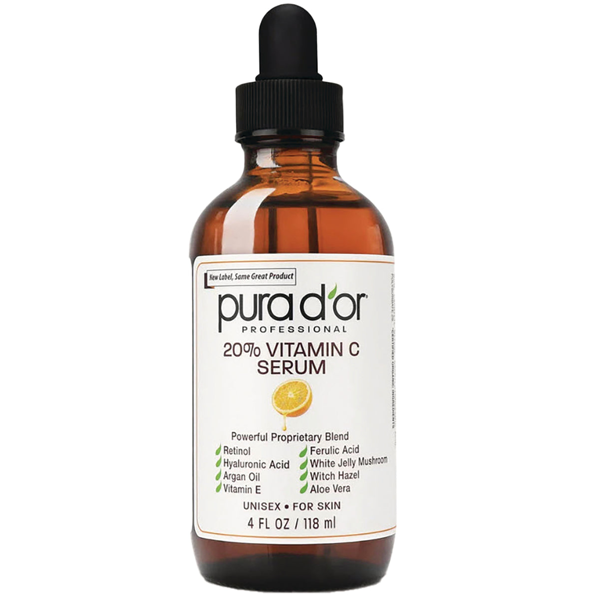 PDO007 | Amber dropper bottle labeled pura d'or 20% Vitamin C Serum, 4 fl oz