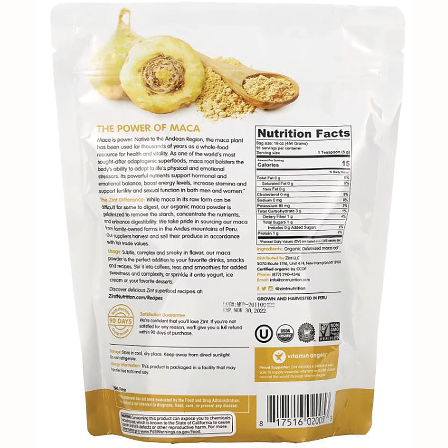 ZIN021 | Back of maca powder pouch, The Power of Maca text, Nutrition Facts and certifications