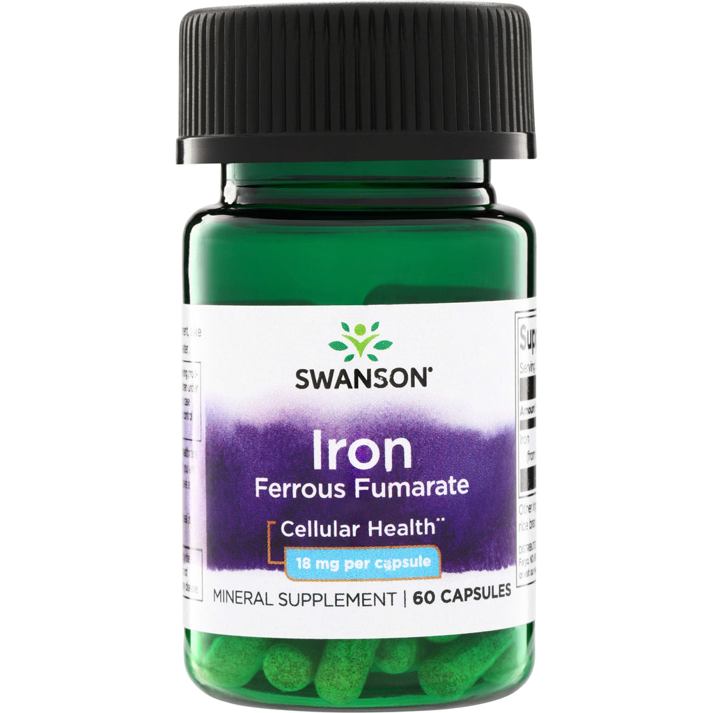 SW1587 | Swanson Iron Ferrous Fumarate mineral supplement, 18 mg per capsule, 60 capsules bottle front - Thumbnail