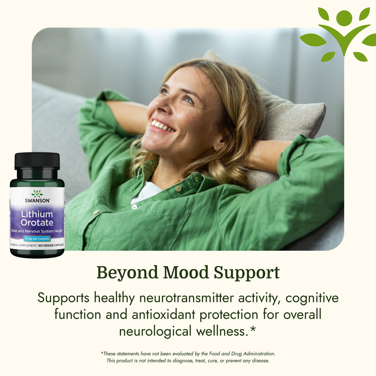 SWU913 | Swanson Lithium Orotate product infographic highlighting mood, cognitive, and neurological wellness support