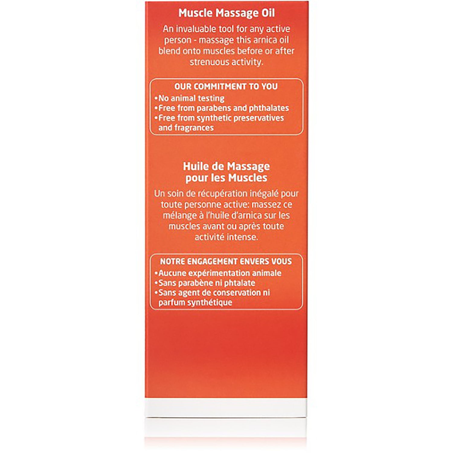 WEL003 | Back of Weleda Muscle Massage Oil; No animal testing; free from parabens, phthalates, synthetic preservatives