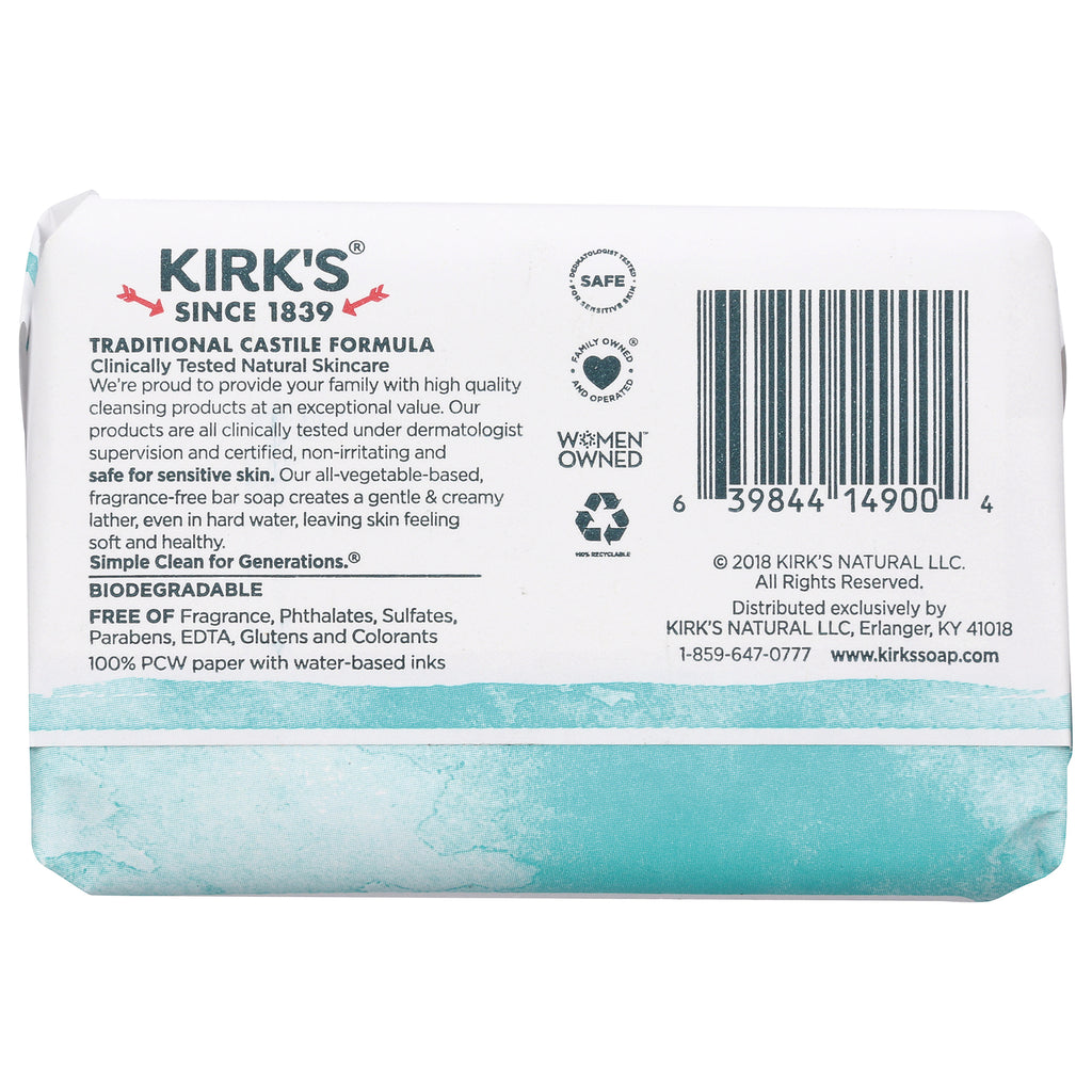 KIR002 | back of Kirk's soap wrapper showing Traditional Castile Formula description, ingredients text and barcode - Thumbnail