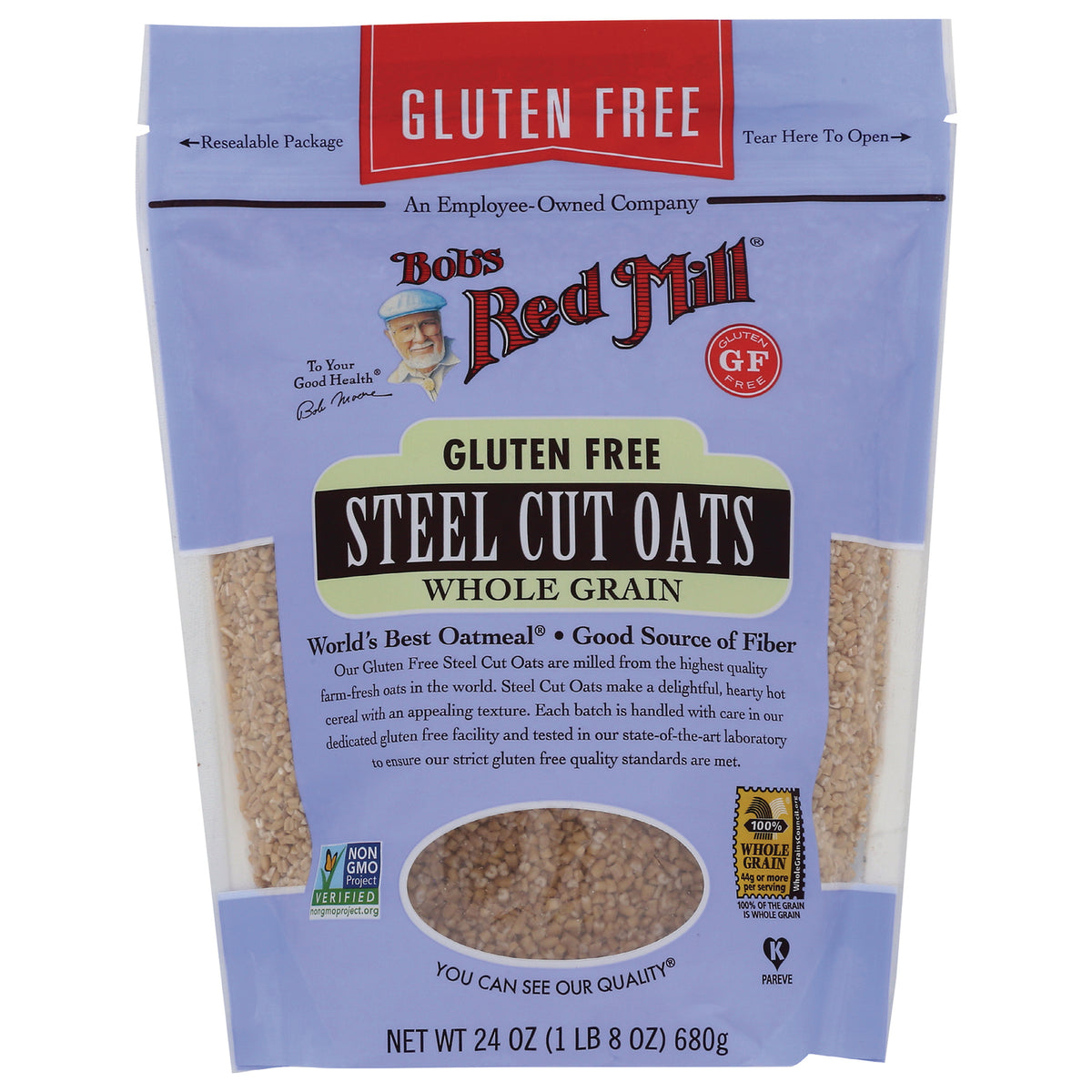 BOB309 | Bob's Red Mill gluten free steel cut oats whole grain bag with front window showing oats