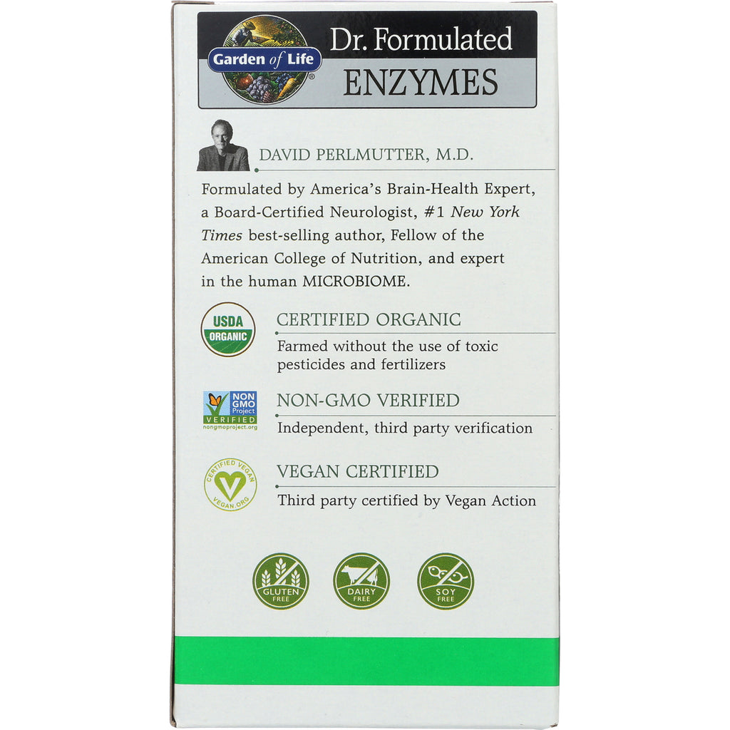 GLF206 | Back of Garden of Life Dr. Formulated Enzymes box listing certified organic, non-GMO verified, vegan certified - Thumbnail